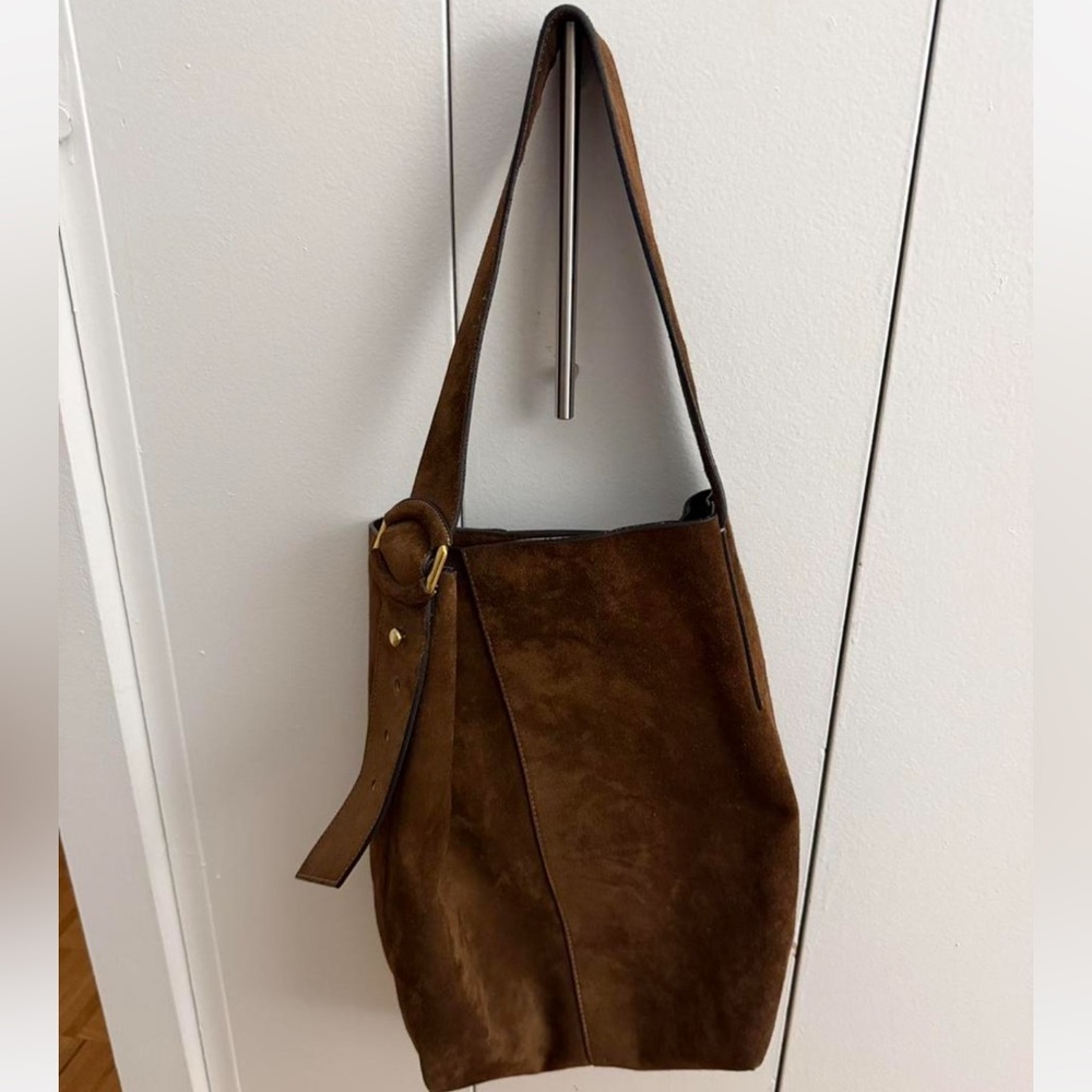Brown Suede Shoulder Bag / Minimal Chic Tote / Gold Hardware / Everyday